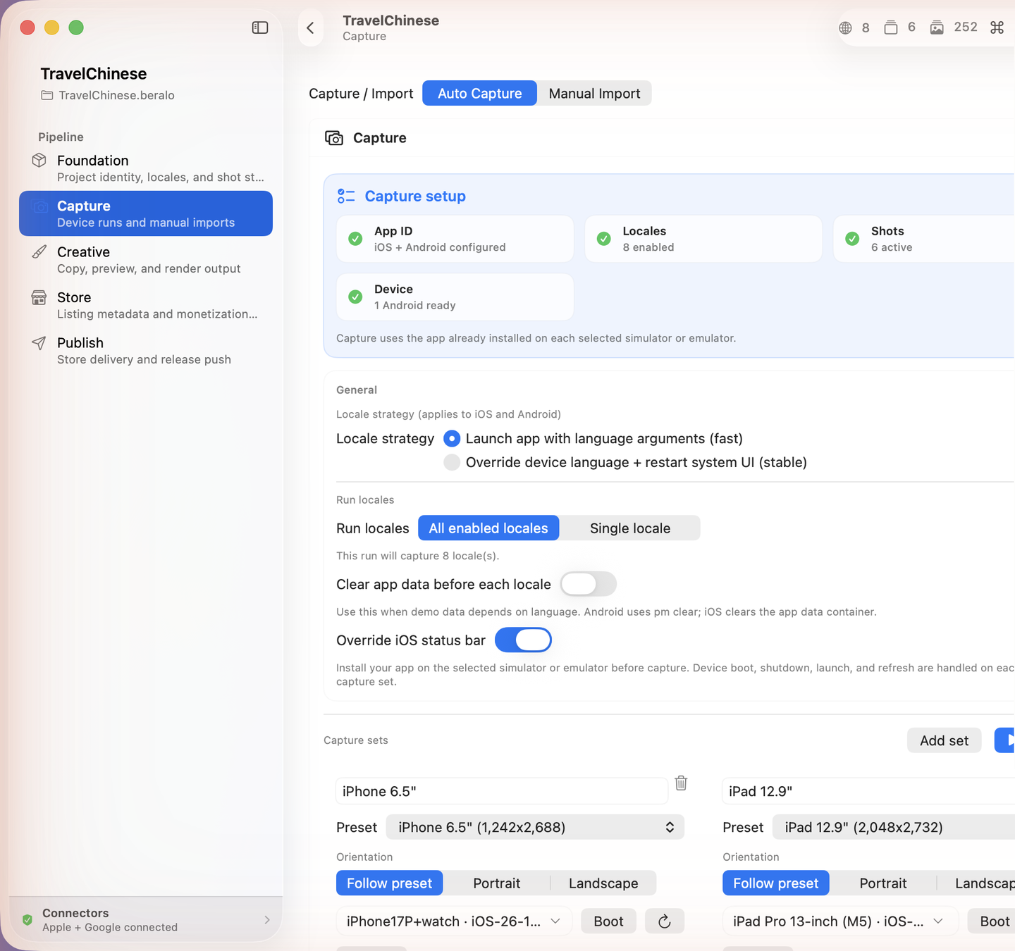 Capture · Auto Capture — setup, locale strategy, and per-device capture sets.