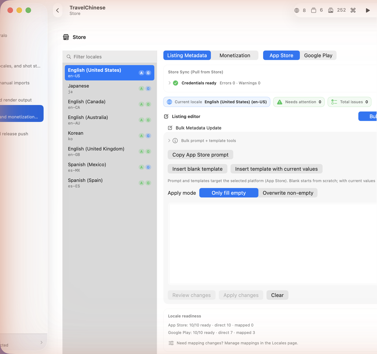Store · Listing Metadata — per-locale fields with store-limit checks.