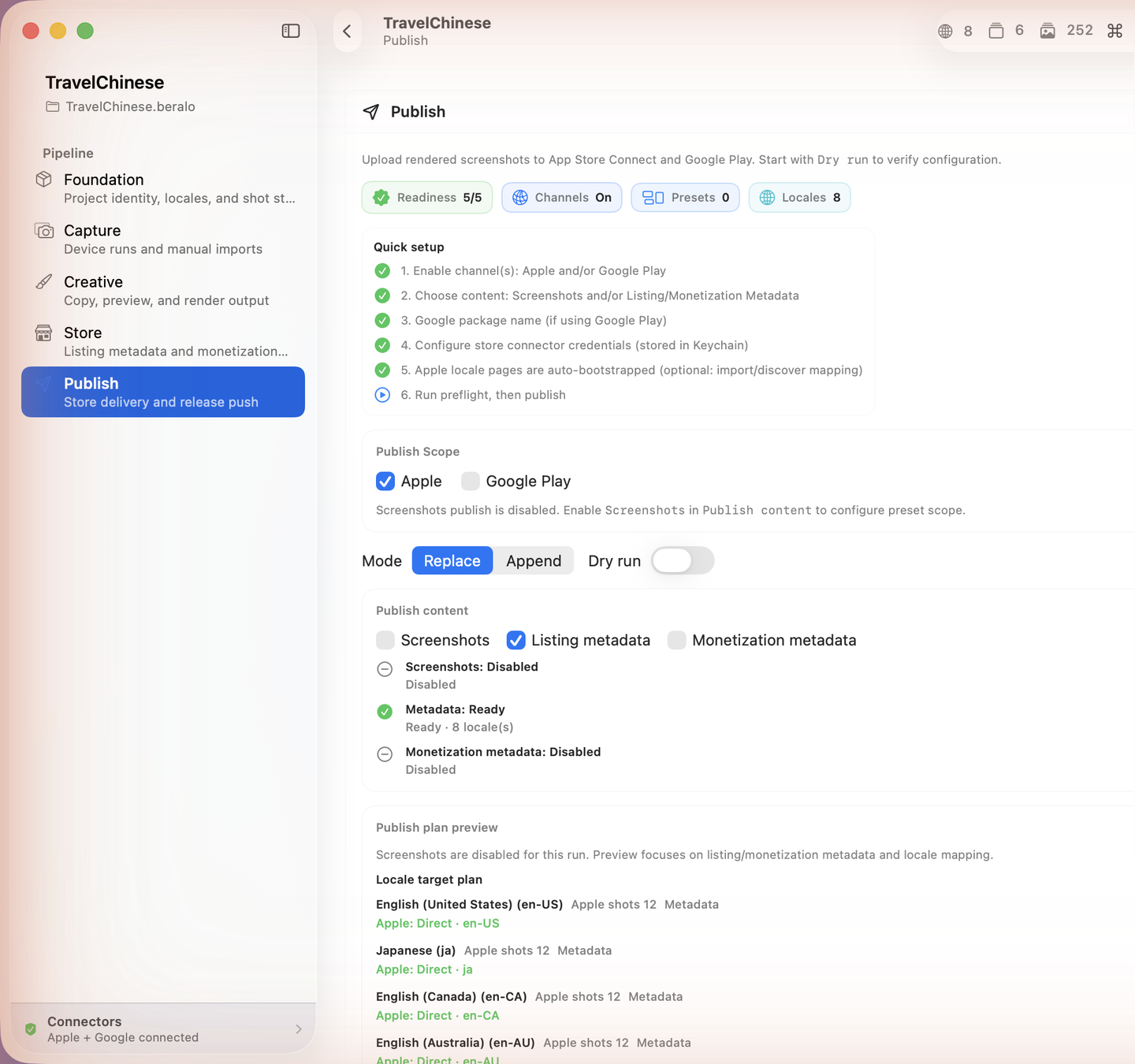 Publish — readiness checklist, scope, dry-run, and the per-locale plan.