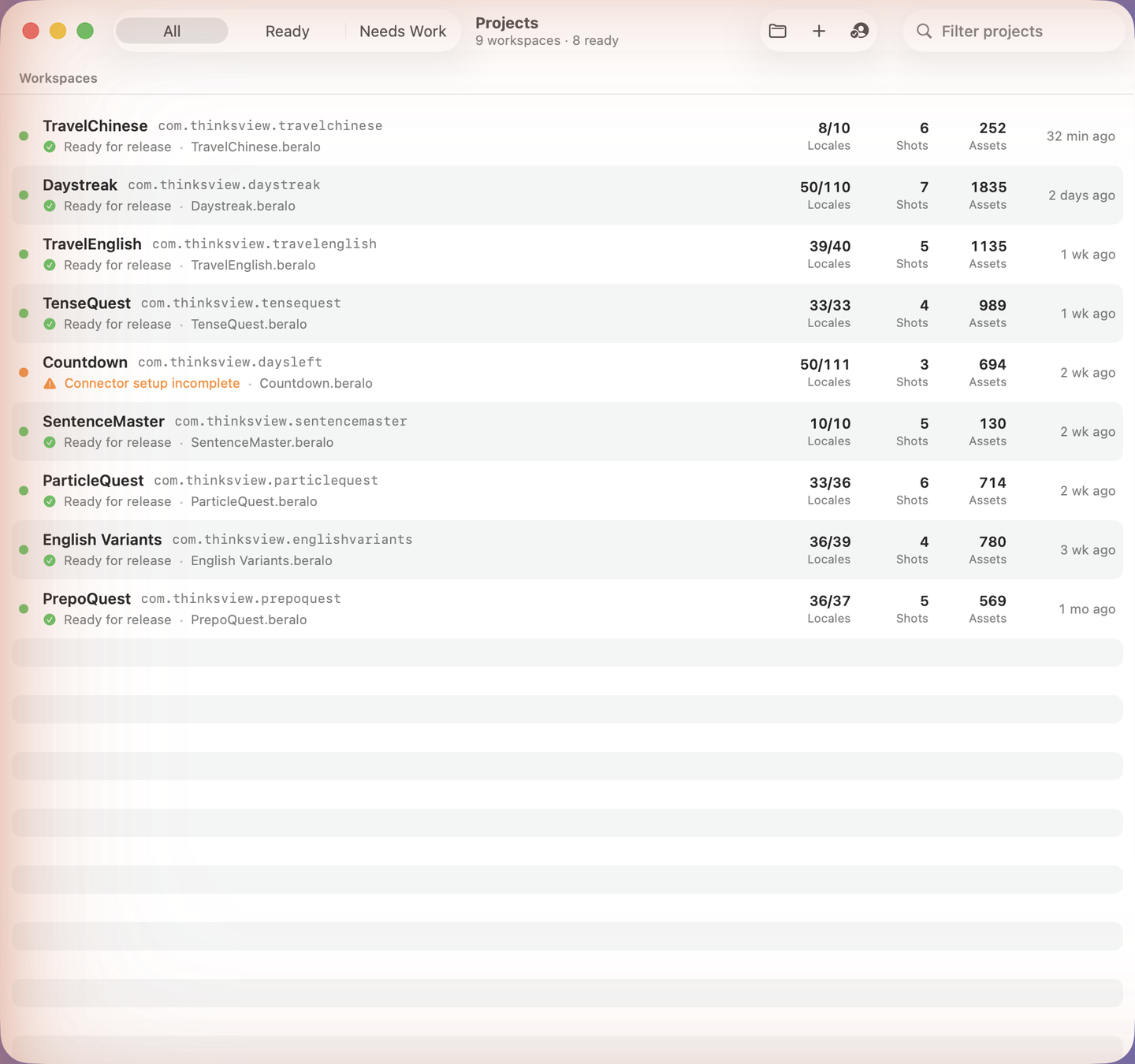 Beralo Studio project list with release readiness and locale, shot, and asset counts
