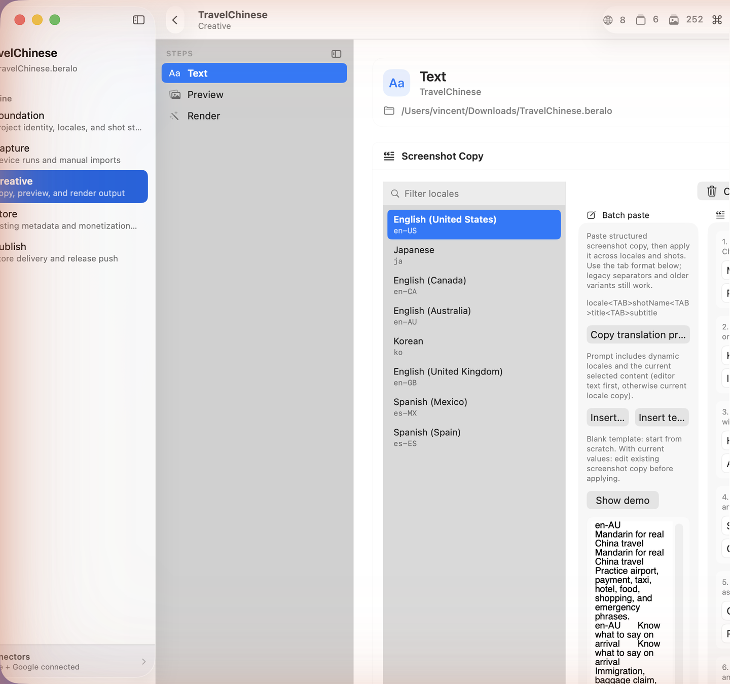 Beralo Studio localized screenshot copy editor with locale rows, shot columns, and live preview