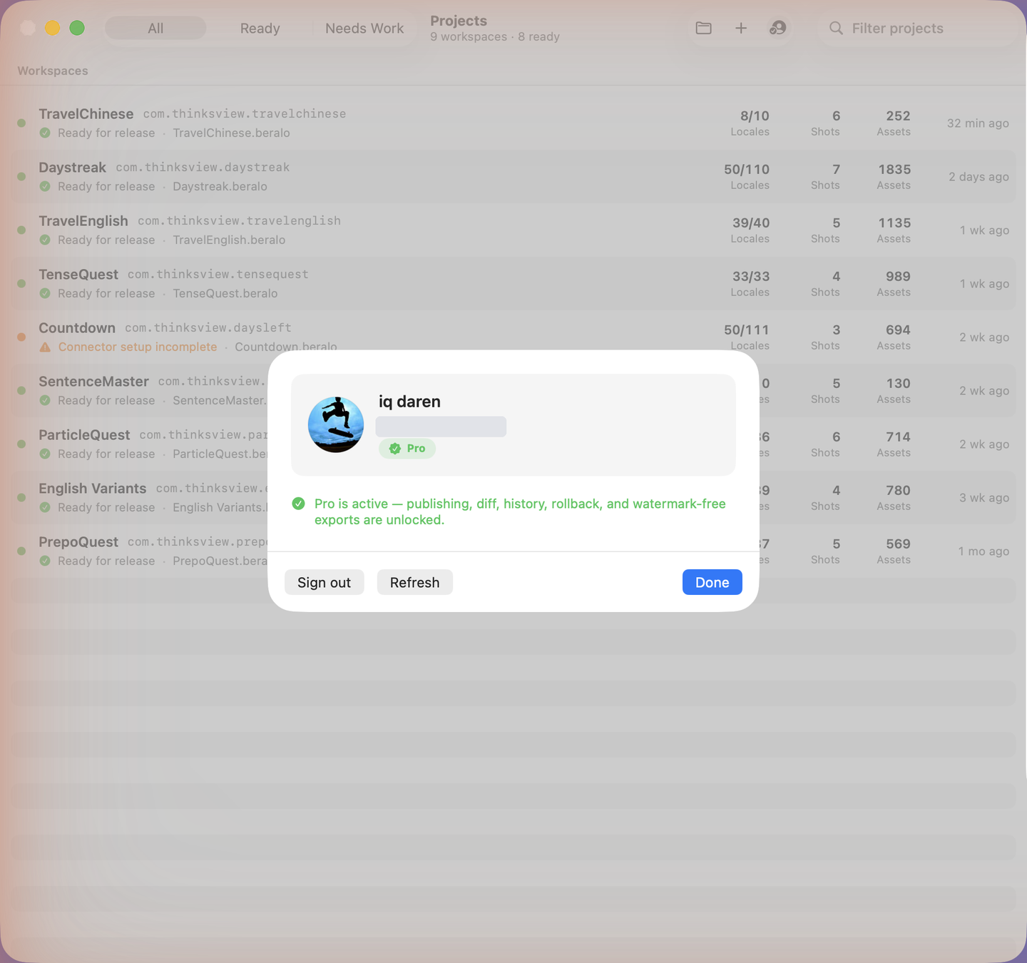 Beralo Studio account settings with Google sign-in and Pro status